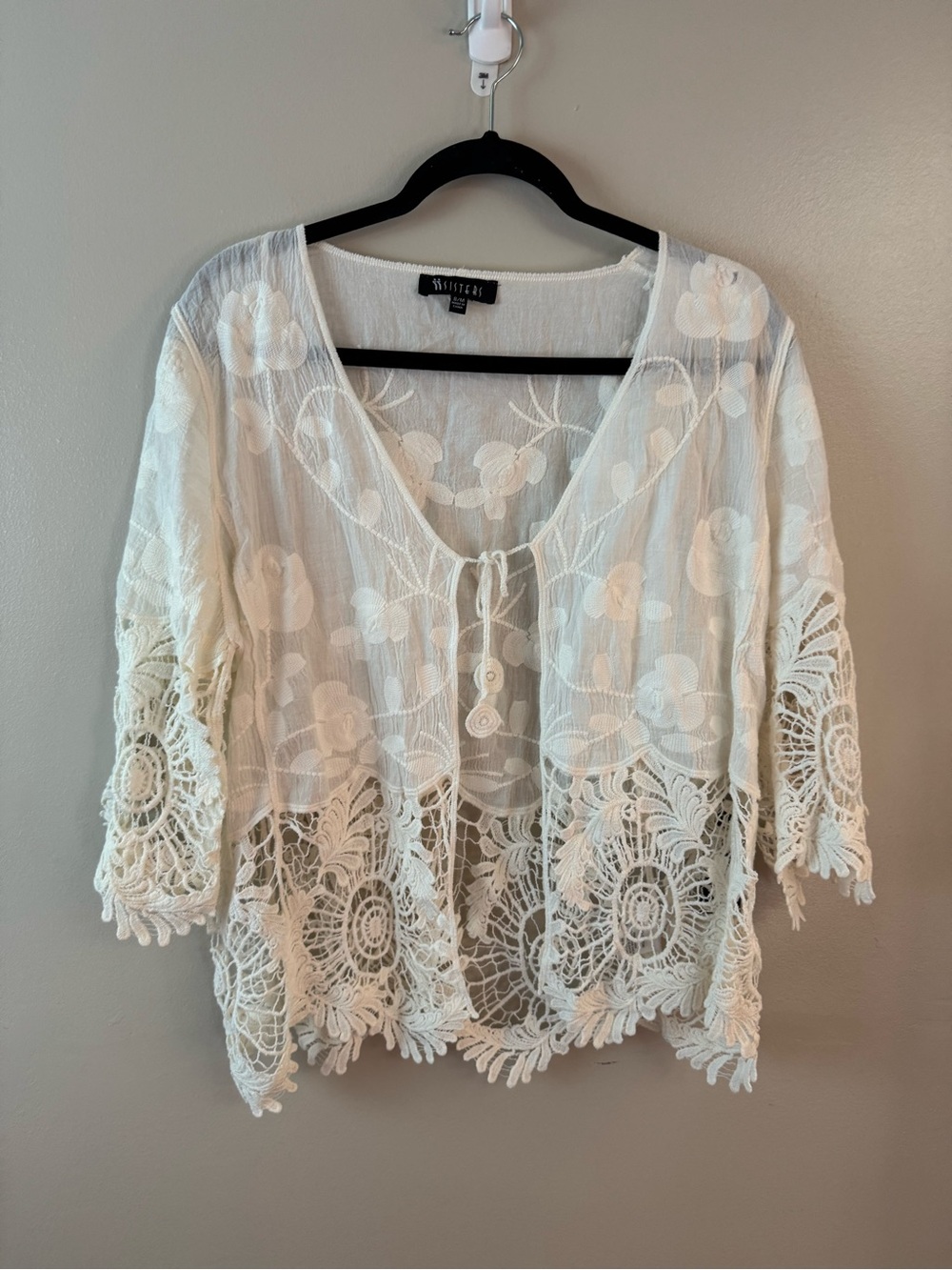 Sisters Lace Crochet Peasant Cardigan NWT S/M Minimalist Coquette Cottagecore